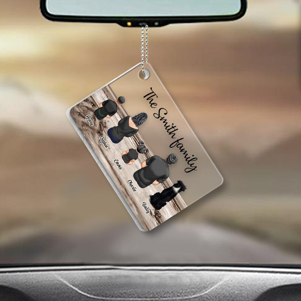 Family Sitting Back View Retro Vintage Beach Landscape - Personalized Family Transparent Car Ornament