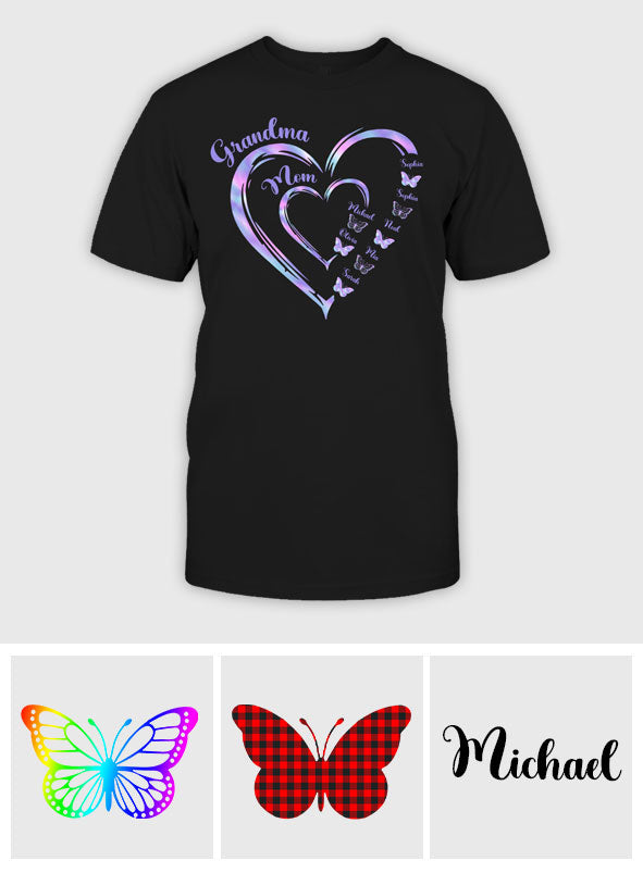 Erst Mama, jetzt Oma – Schmetterlingsversion – Personalisiertes Oma-T-Shirt und Hoodie