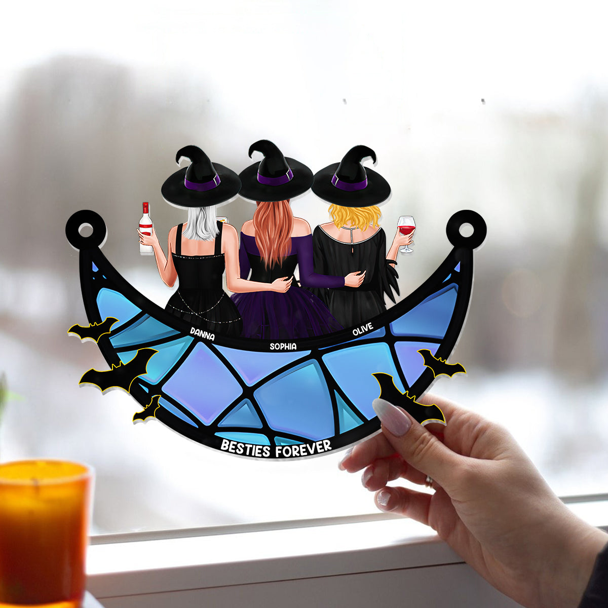 Beste Freundinnen für immer im Hexenstil – Personalisierter Fensterhänger-Sonnenfänger als Schmuck für beste Freundinnen 
