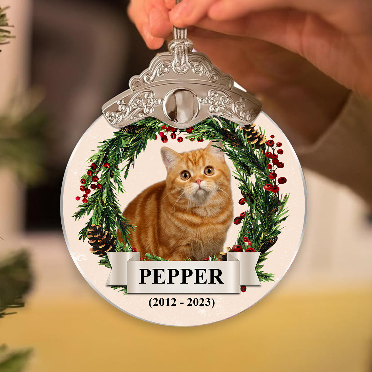 Personalisiertes Foto eines liebenswerten Haustiergesichts – Vintage-Katzenornament