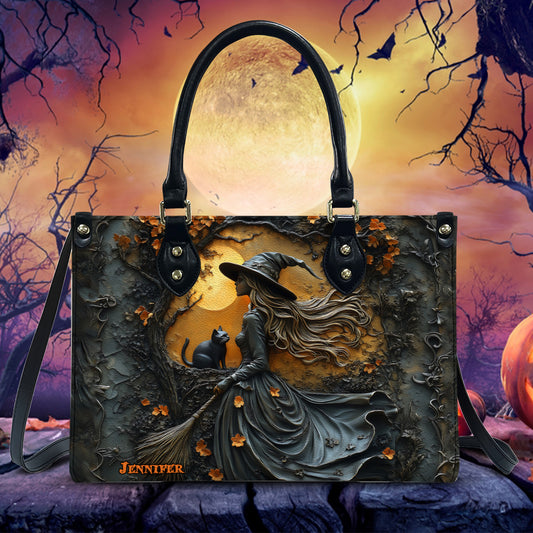 Beautiful Witch & Her Black Cat - Personalized Witch Leather Handbag