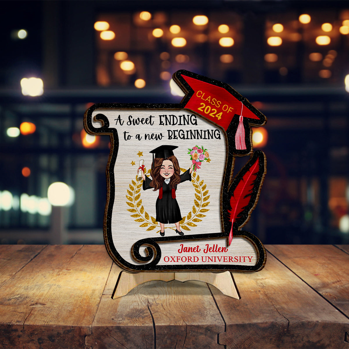 Ein schöner Abschluss für einen neuen Anfang – Personalisiertes Abschluss-Holzschild/Holzplakette, 2-lagig