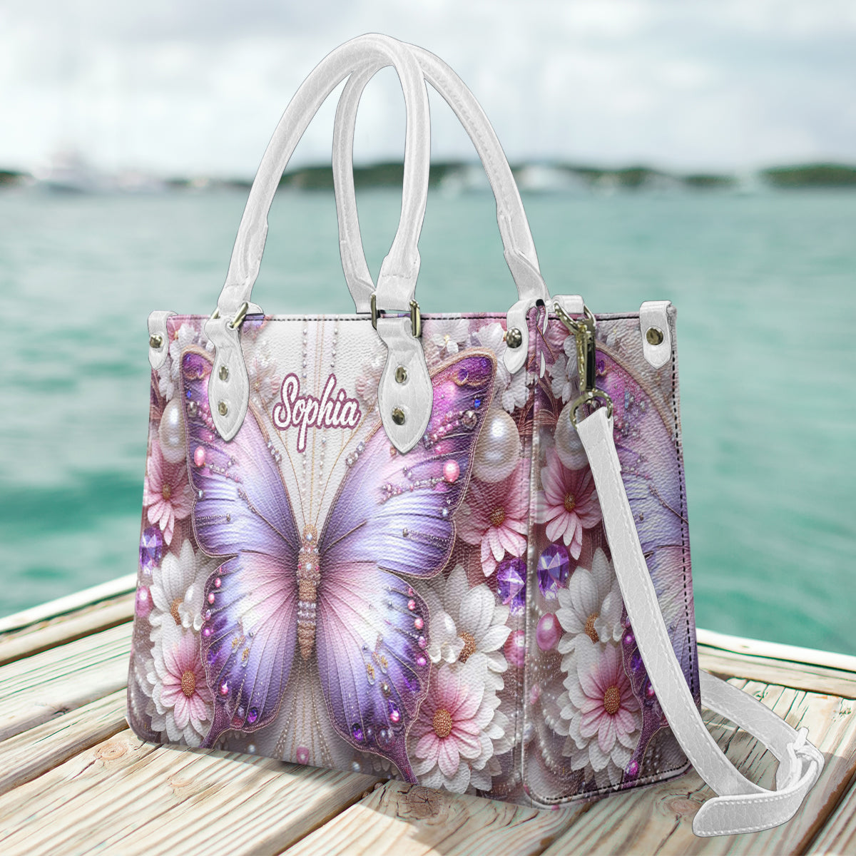 Personalisierte Schmetterlings-Lederhandtasche mit Blumenmuster