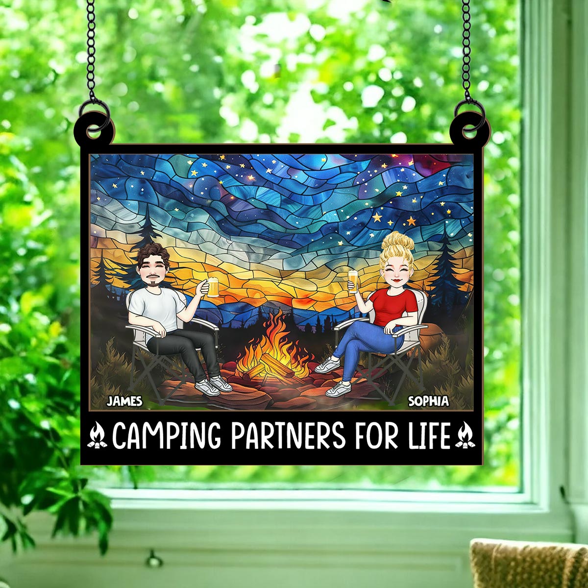 Campingpartner fürs Leben – Personalisierter, zweilagiger Fensterhänger zum Aufhängen
