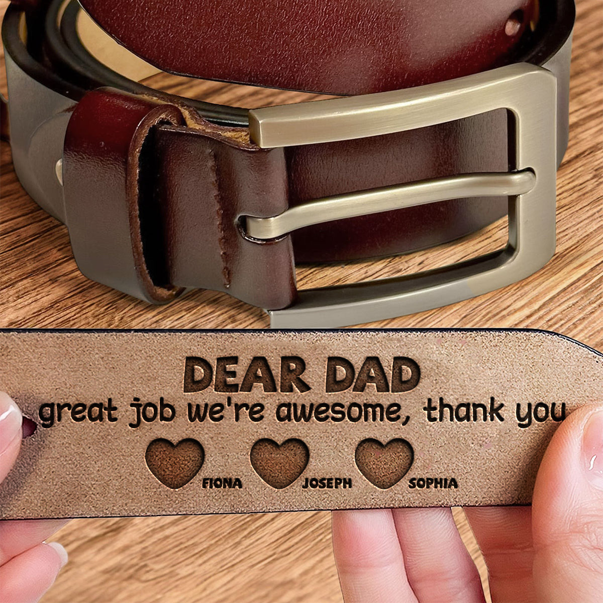 Lieber Papa, super gemacht! Wir sind spitze! Danke! – Personalisierter Ledergürtel für Väter