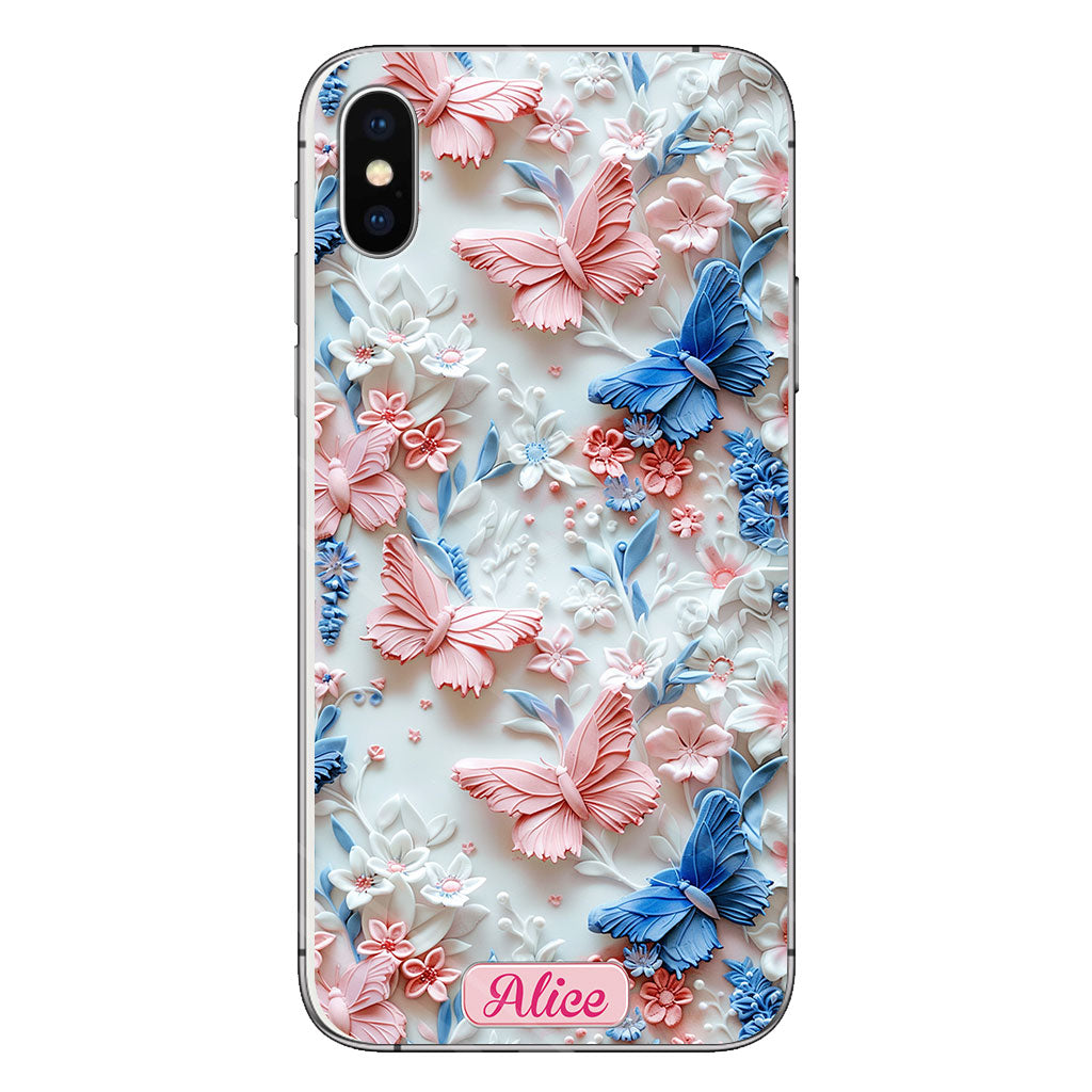 Rosa und blaue Schmetterlinge – Personalisierte transparente Schmetterlings-Handyhülle