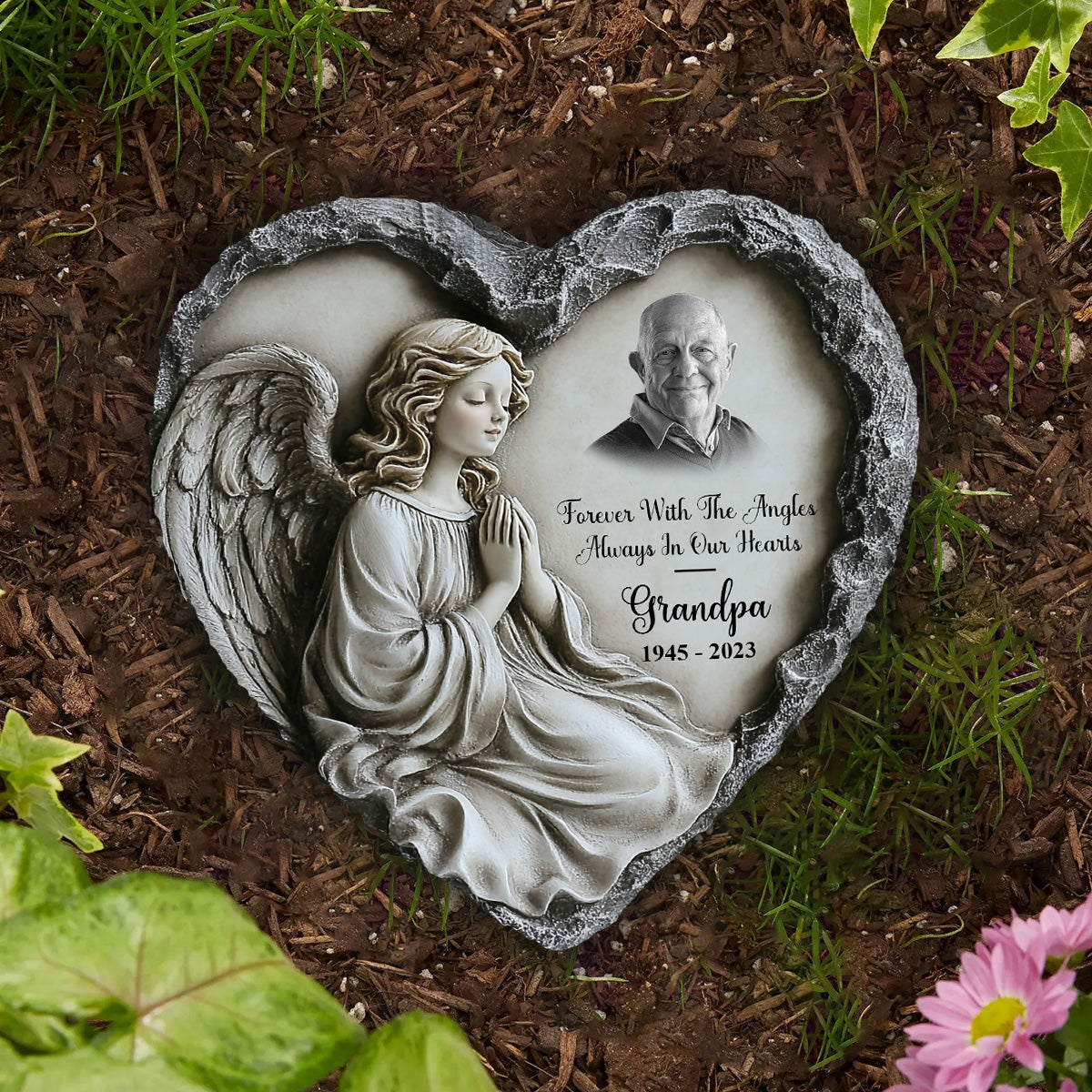 Forever With The Angles, Always In Our Hearts - Personalized Memorial Heart Shaped Stone