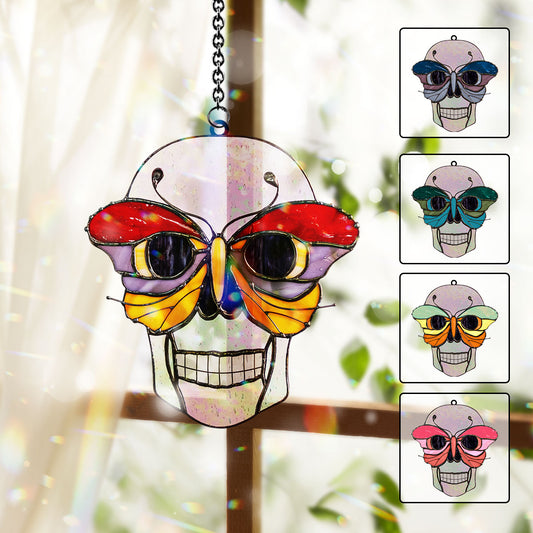 Totenkopf mit buntem Schmetterling – Personalisierter Totenkopf-Fensterhänger 