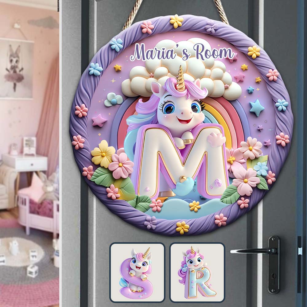 Niedlicher Einhornbuchstabe – personalisiertes Holzschild in Kinderform