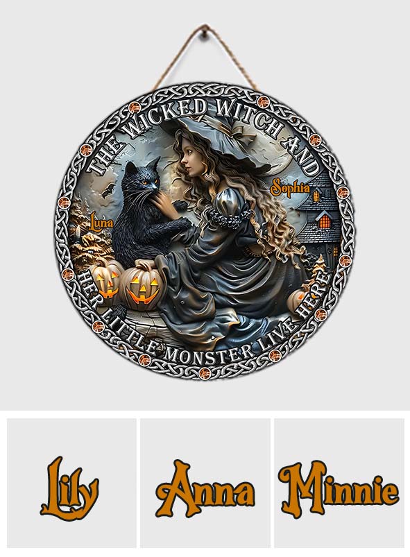 Hier wohnen eine böse Hexe und ihr kleines Monster – personalisiertes rundes Hexen-Holzschild