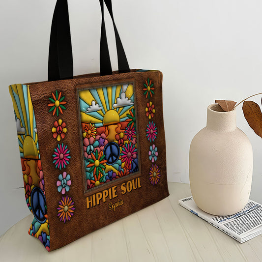 Hippie Soul – Personalisierte Tragetasche aus Canvas mit Hippie-Allover-Print