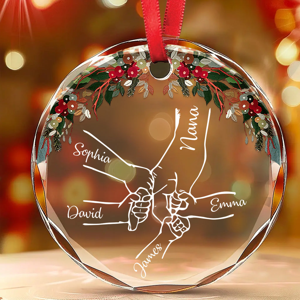 Holding Hands - Personalized Grandma Round Shaped Glass Ornament