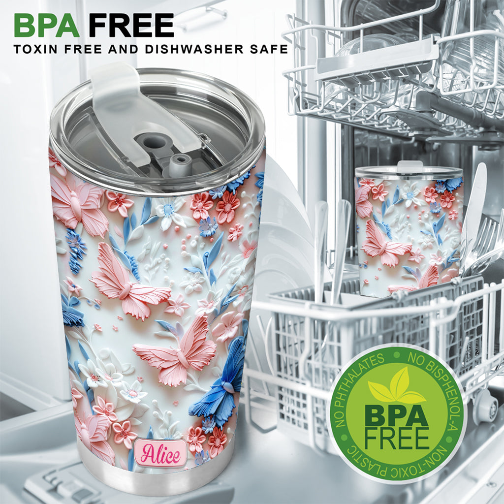 Personalisierter Schmetterlingsbecher mit rosa und blauen Schmetterlingen