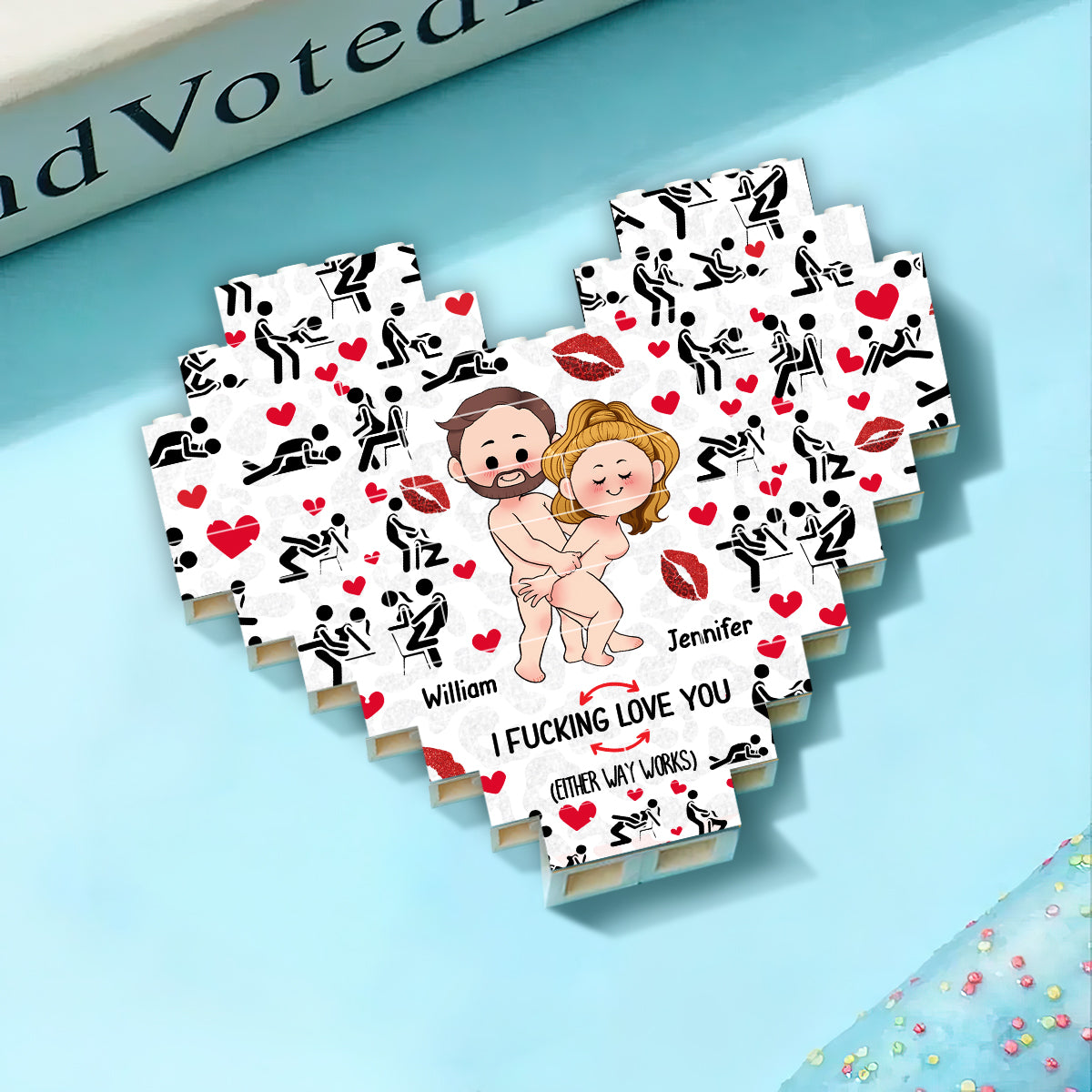 Ich liebe dich – Personalisierte Herz-Bausteine ​​für Paare, beidseitig bedruckt