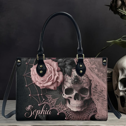 Bezaubernde Handtasche aus Leder mit Blumen und Totenkopf – personalisierte Totenkopf-Handtasche