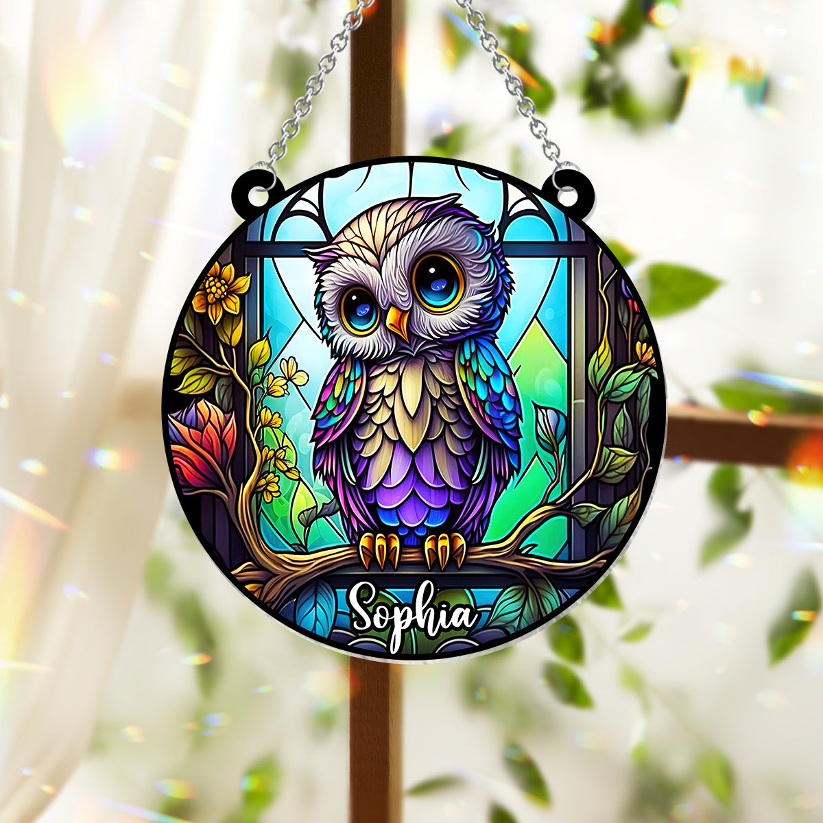 Cute Owl Stained Glass - Personalized Owl Window Hanging Suncatcher Ornament