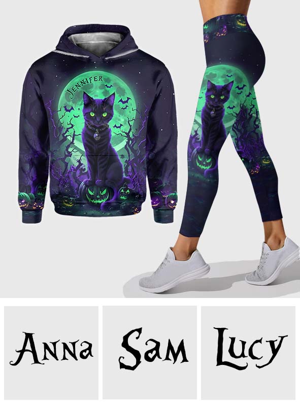 Geheimnisvolle schwarze Katze – Personalisierter Hoodie und Leggings mit schwarzer Katze
