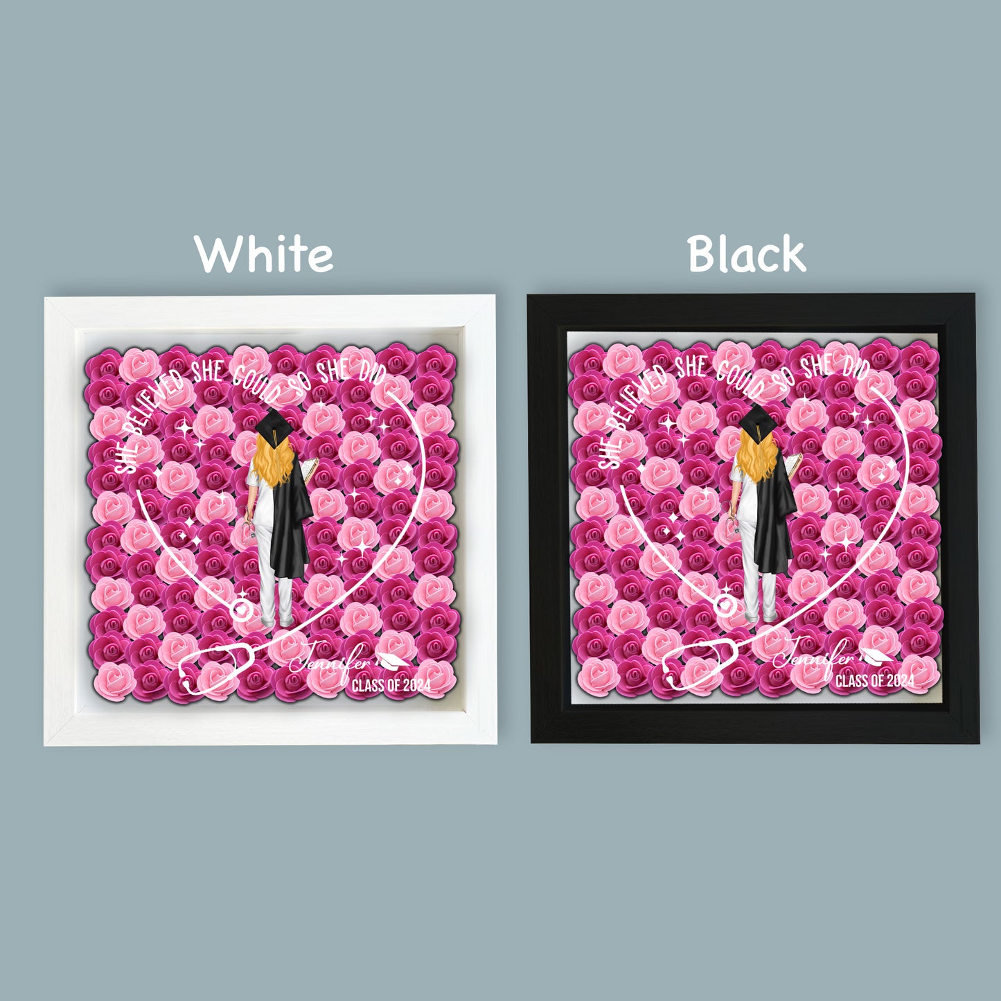 Sie glaubten daran, dass sie es schaffen konnten, und sie schafften es – personalisierte Abschluss-Schattenbox in individueller Blumenform