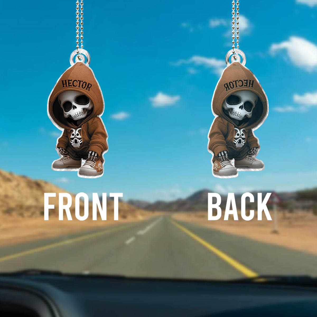 Stilvolles Skelett – Personalisierter Totenkopf als Autoanhänger in individueller Form