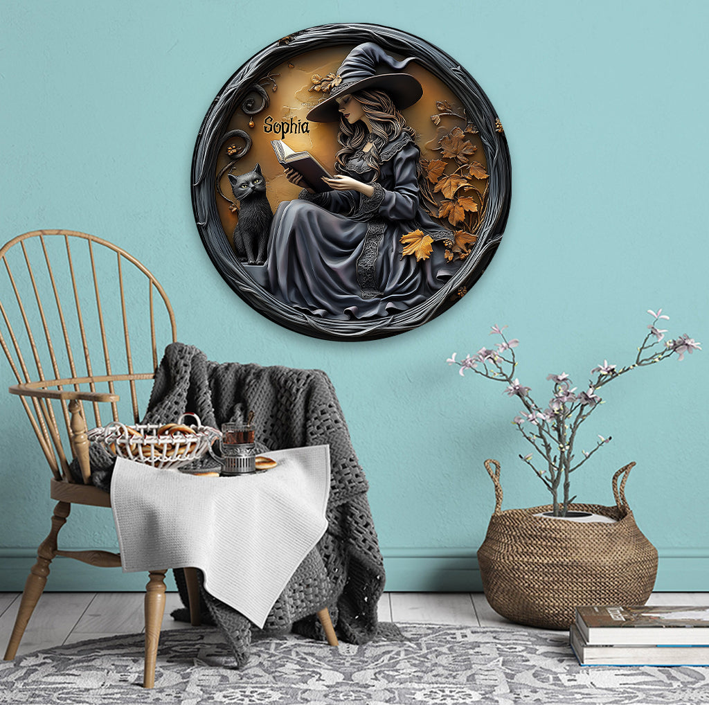 Beautiful Witch & Her Black Cat - Personalized Witch Round Metal Sign