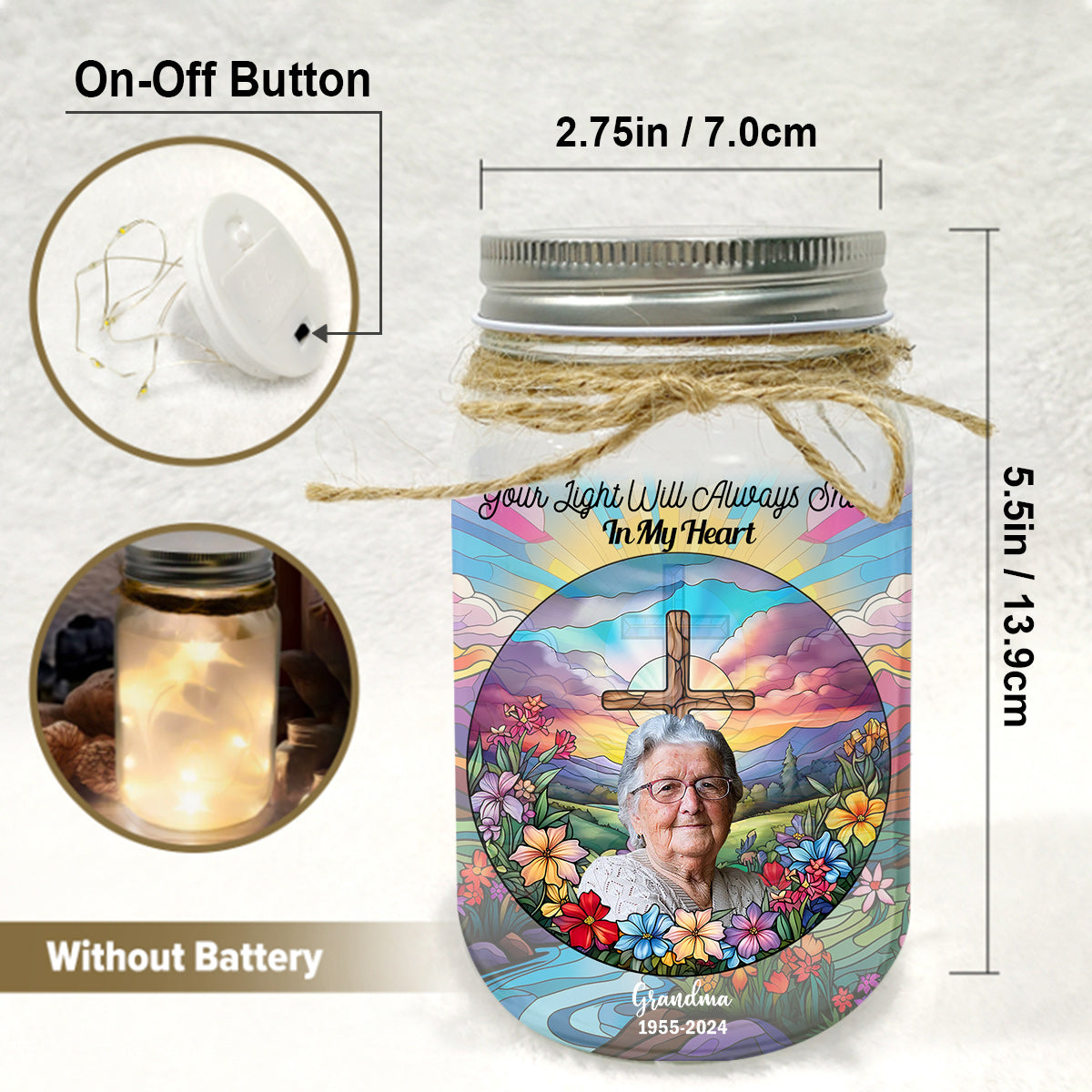 Dein Licht wird immer in meinem Herzen leuchten – Personalisierte Gedenkleuchte im Einmachglas