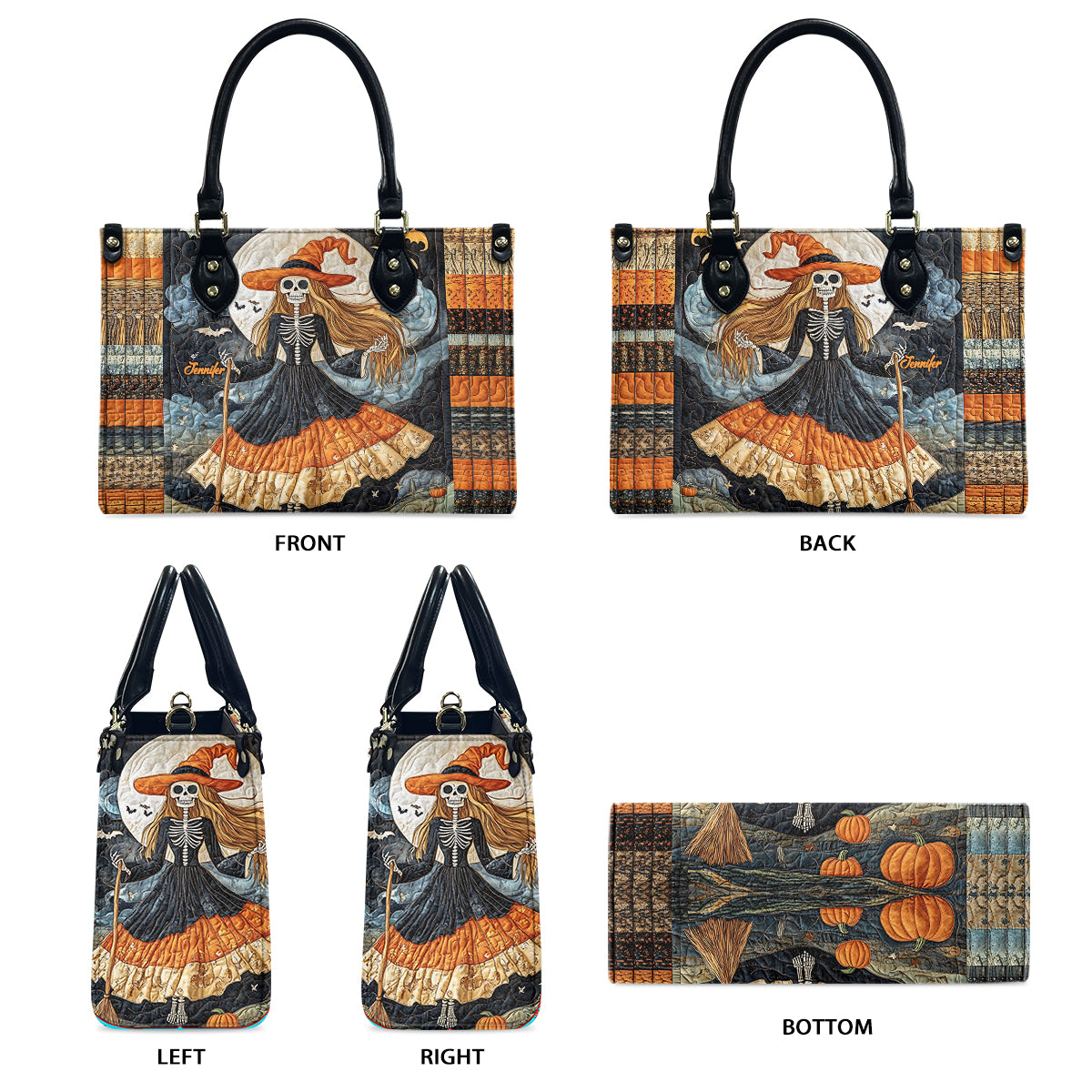 Wunderschöne Totenkopfhexe – personalisierte Hexen-Lederhandtasche