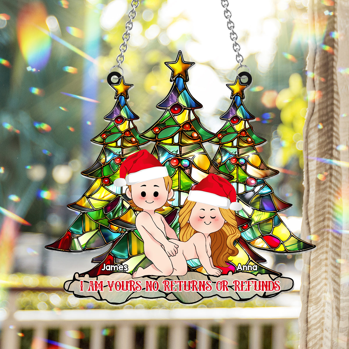 Ich gehöre dir – Keine Rückgabe oder Rückerstattung – Personalisierter Fensterhänger für Paare