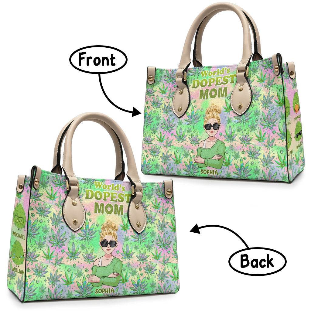 „Mommy's Little Buds Dopest Mom Ever Any Title“ – personalisierte Lederhandtasche mit Weed-Motiv