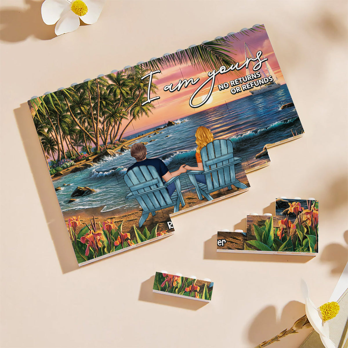 Paar-Strandlandschaft in tropischer Form - Personalisierte einseitige horizontale rechteckige Bausteine ​​für Paare