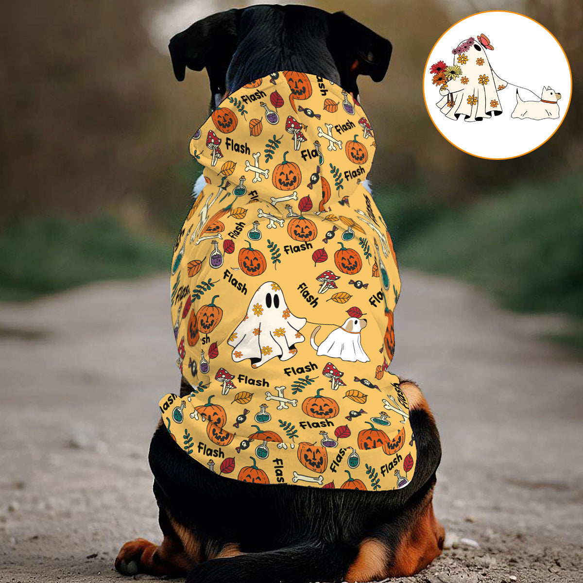 Niedlicher Geisterhund, Kürbisgeist & Fledermaus - Personalisierter Hunde-Hoodie