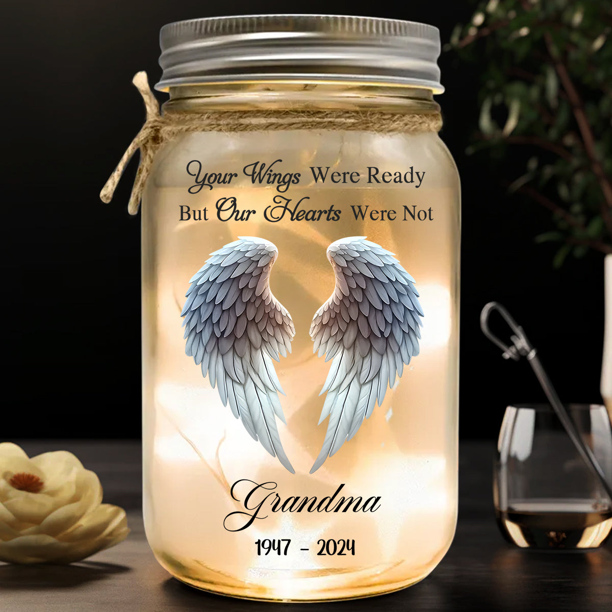 Beautiful Angle Wings - Personalized Memorial Mason Jar Light