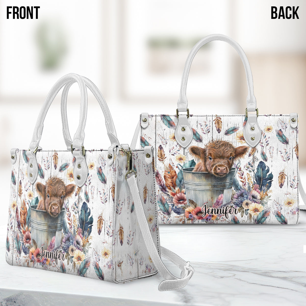 Baby Highland Cow Western Style - Personalisierte Lederhandtasche