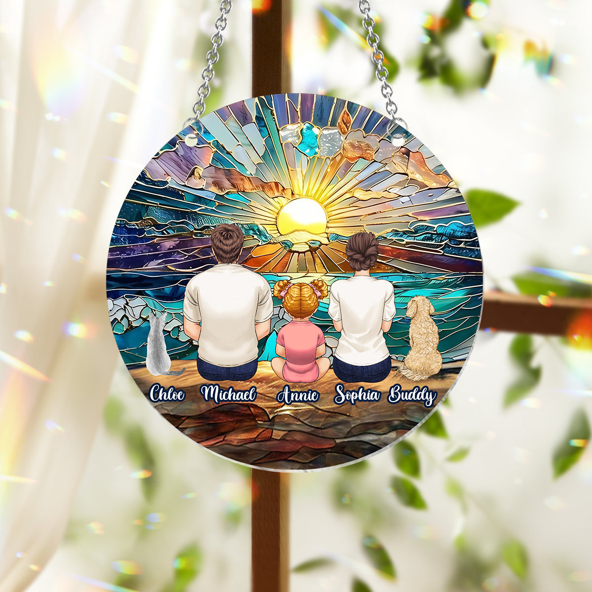 Happy Couple Enjoying Romantic Beach - Personalized Family Window Hanging Suncatcher Ornament