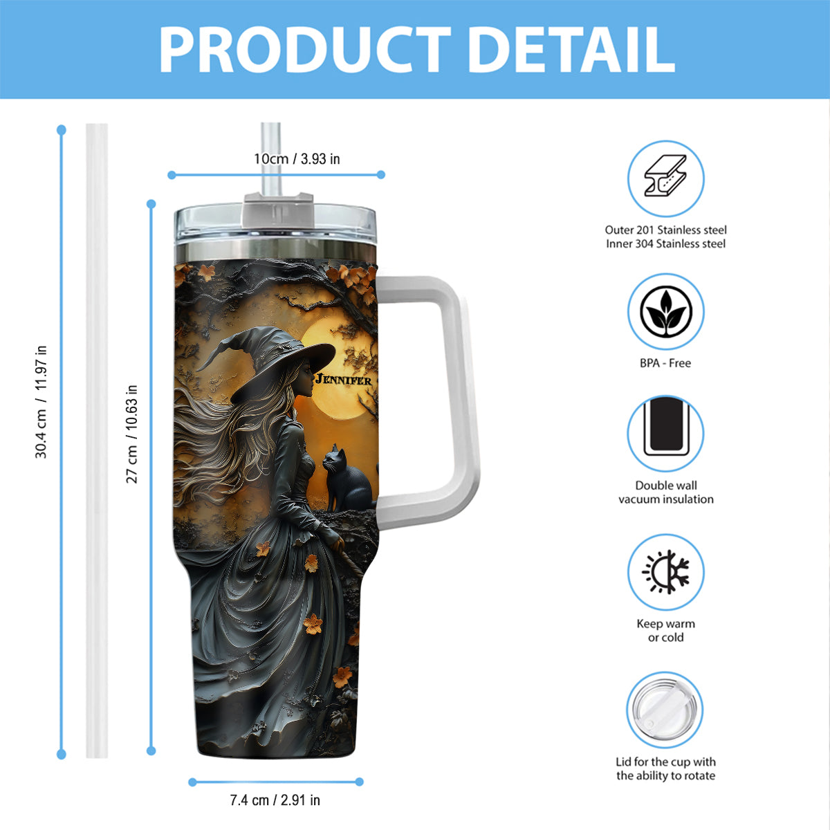 Beautiful Witch & Her Black Cat - Personalized Witch Tumbler With Handle