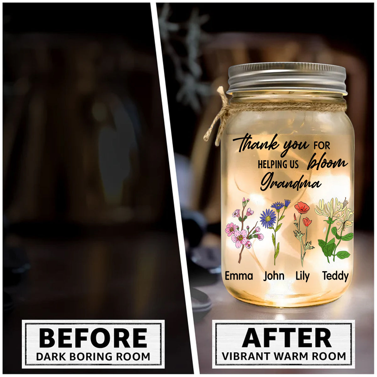 Danke, dass Sie uns beim Erblühen geholfen haben – Personalisierte Oma-Einmachglas-Lampe