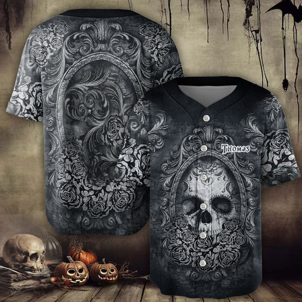 Schwarzes Totenkopf-Baseballtrikot – personalisiertes Totenkopf-Trikot