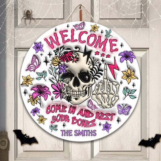 Come In And Rest - Personalized Skull Round Wood Sign
