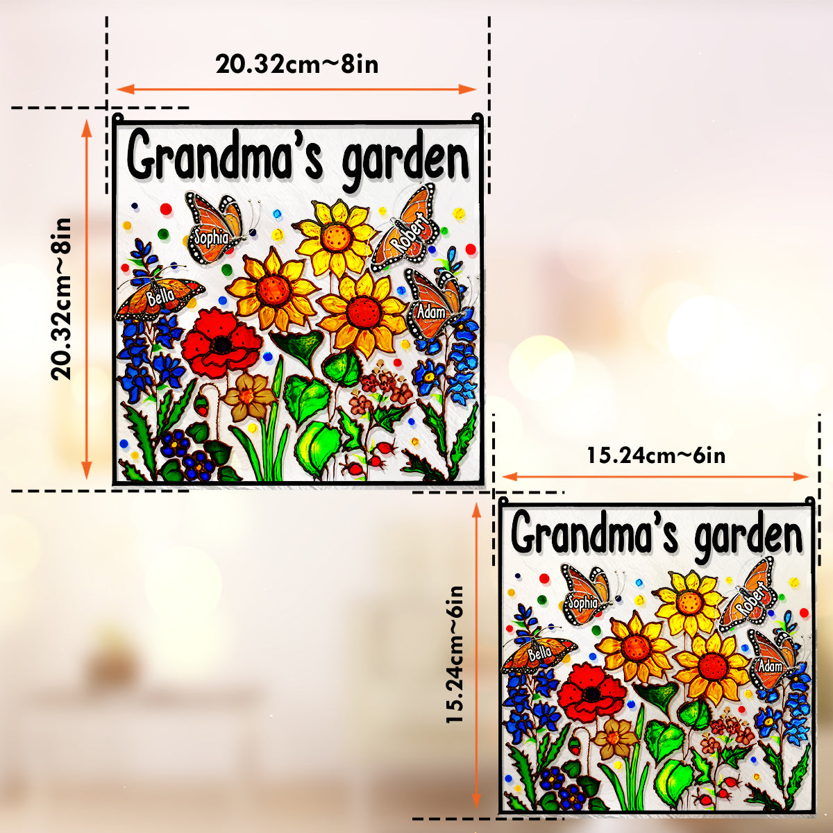 Omas Garten mit Schmetterling – Personalisierter Fensterhänger-Sonnenfänger für Oma 