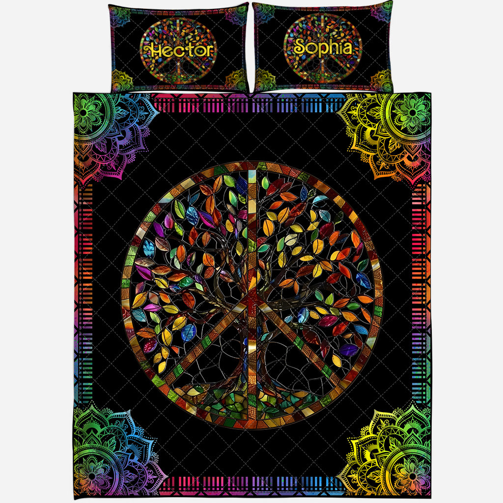 It's A Beautiful World Tree Of Life Peace Sign - Personalized Hippie Quilt Set