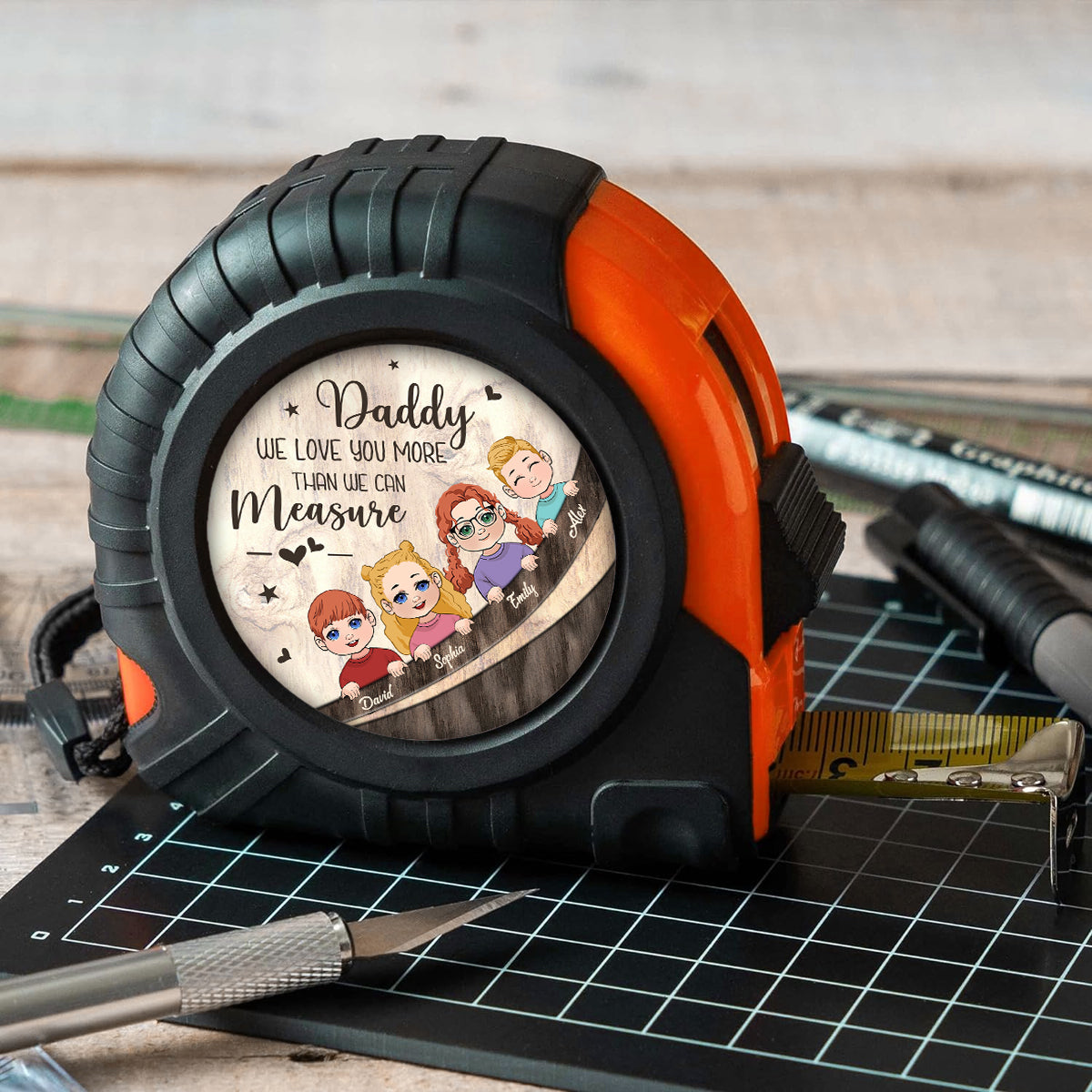 Wir lieben dich mehr, als wir messen können – personalisiertes Maßband für Väter