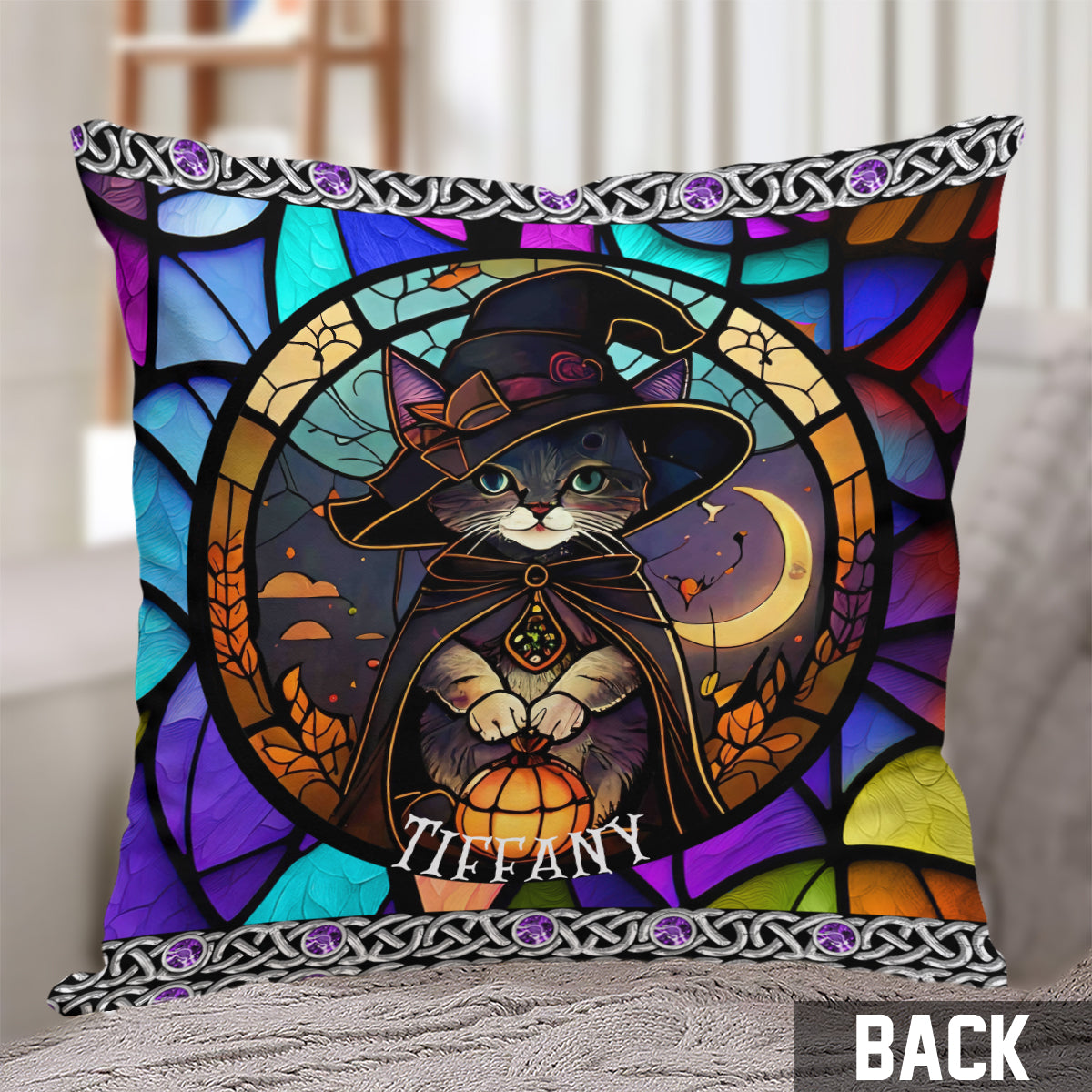 Beautiful Stained Glass Witch Black Cat - Personalized Black Cat Throw Pillow