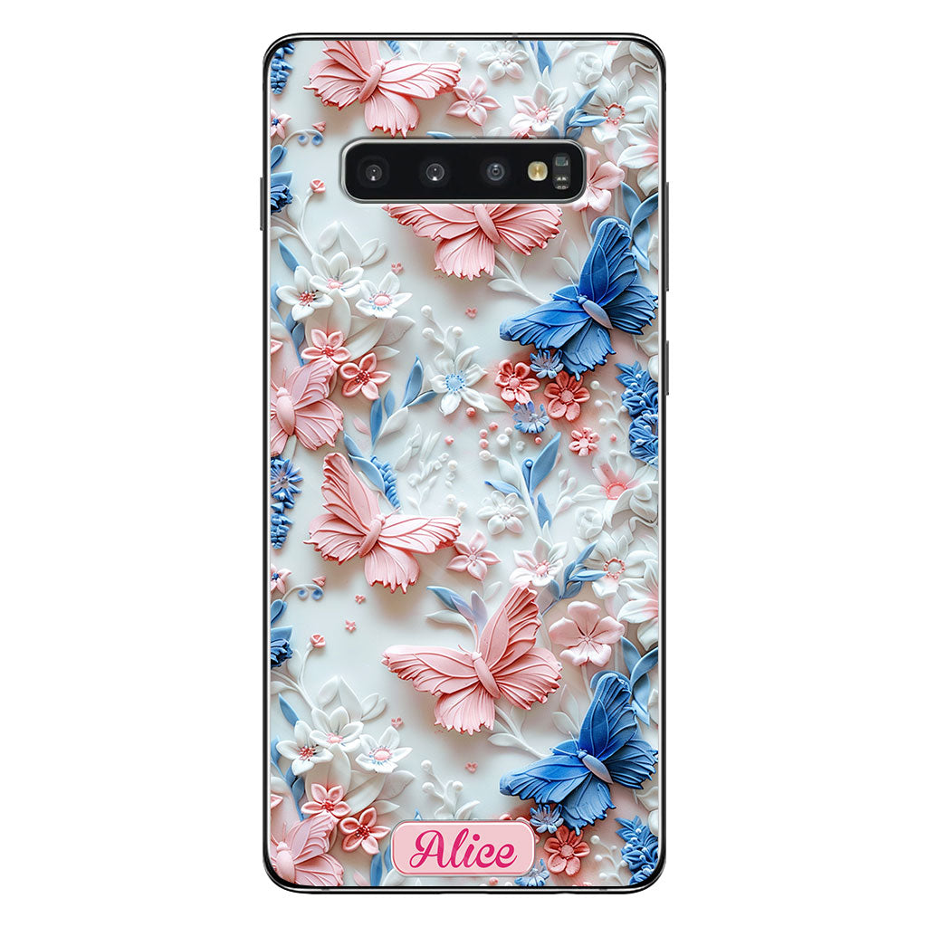 Rosa und blaue Schmetterlinge – Personalisierte transparente Schmetterlings-Handyhülle