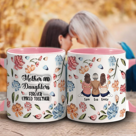 Mutter und Töchter, Söhne, Kinder – für immer verbunden – Personalisierte Tasse mit Blumenmuster und Muttermotiv