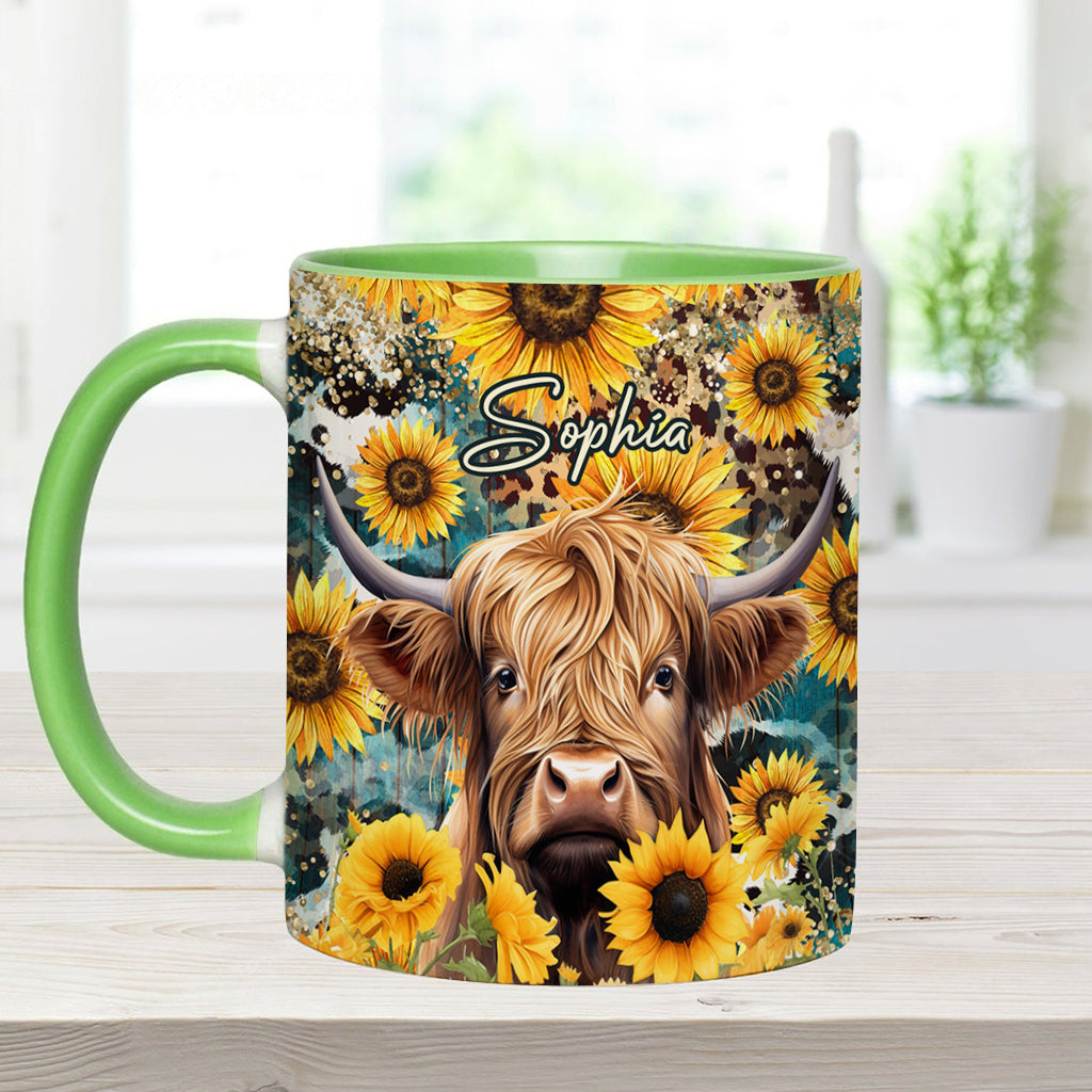 Highland Cow Among Sunflowers - Personalized Accent Mug