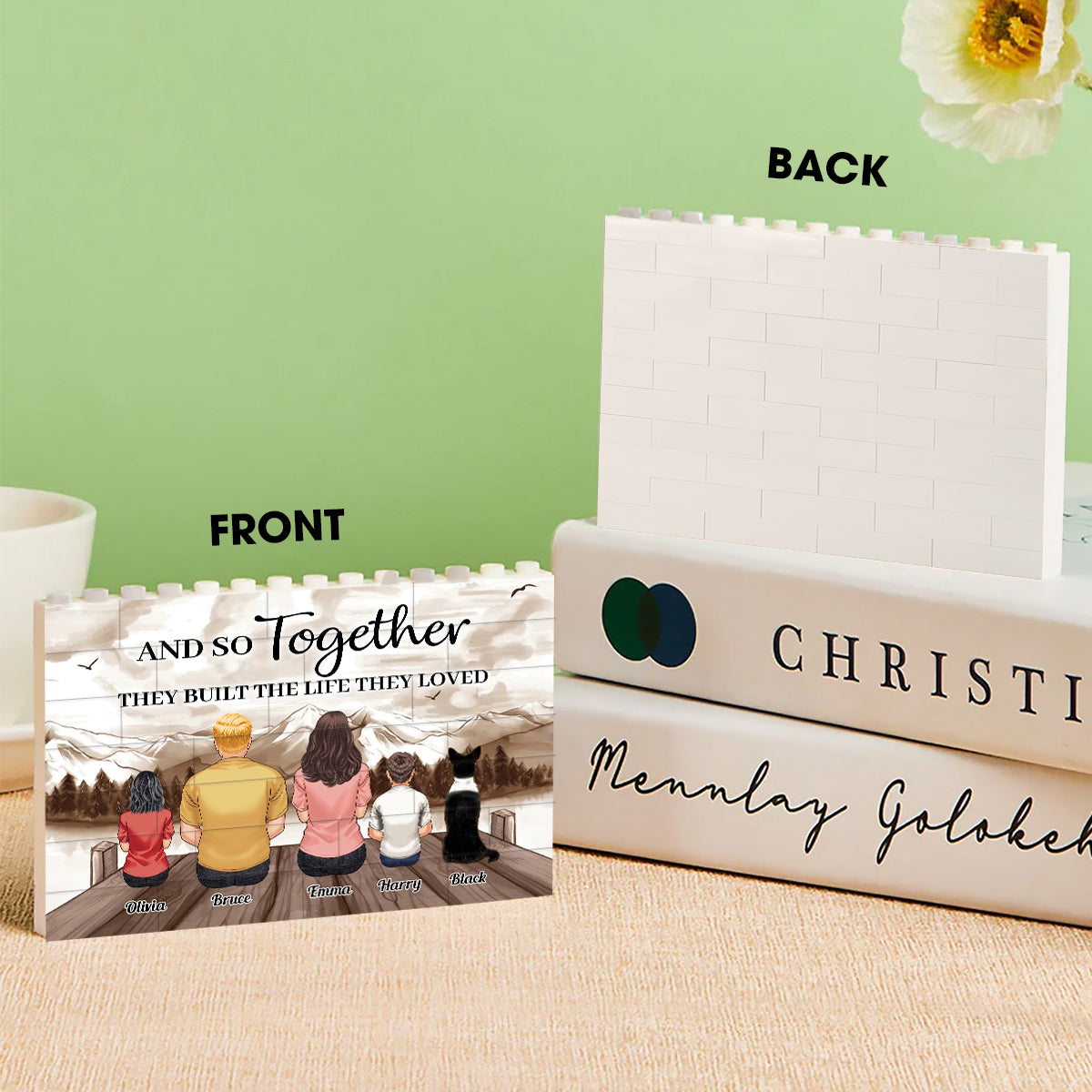 Und so bauten sie gemeinsam das Leben auf, das sie liebten – personalisierte Familien-Bausteine, einseitig, horizontal, rechteckig