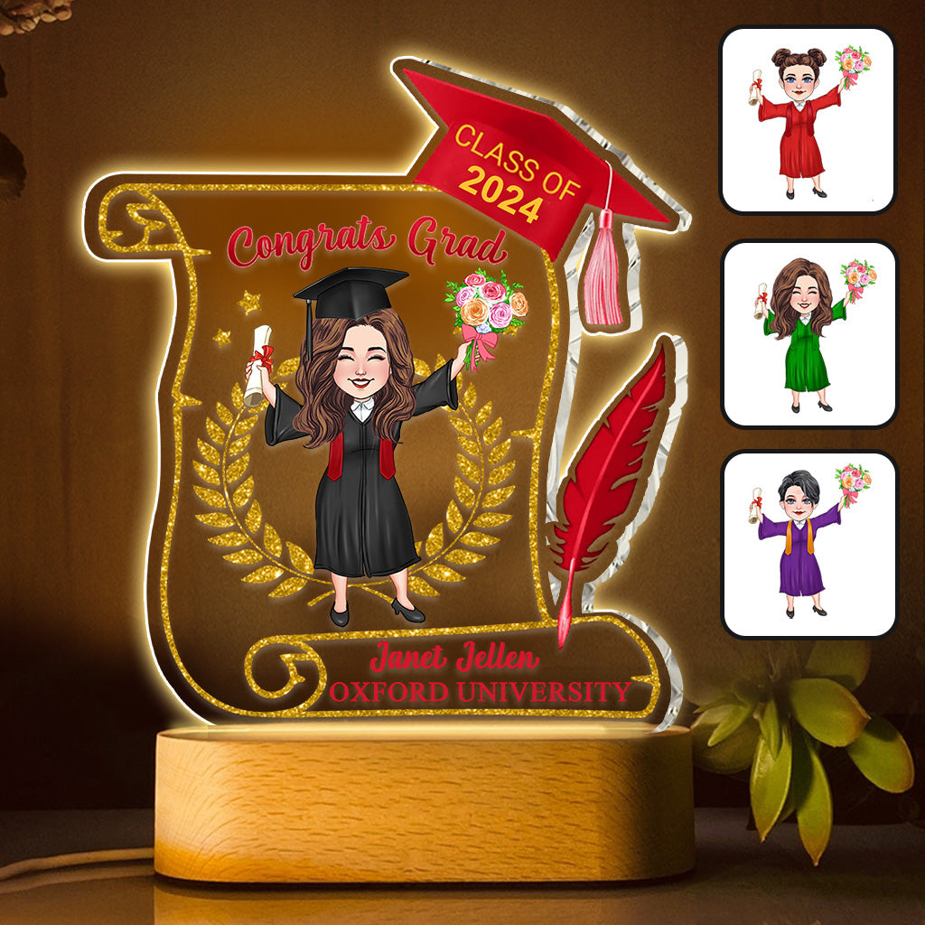 Glückwunsch zum Abschluss – Personalisierte, abschlussförmige Gedenktafel mit Leuchtfuß