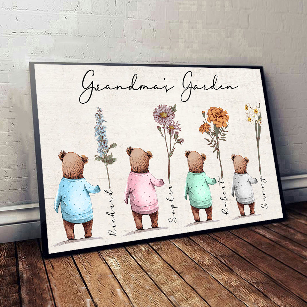 Omas Garten: Babybären, Geburtsblumen – Personalisierte Leinwand und Poster
