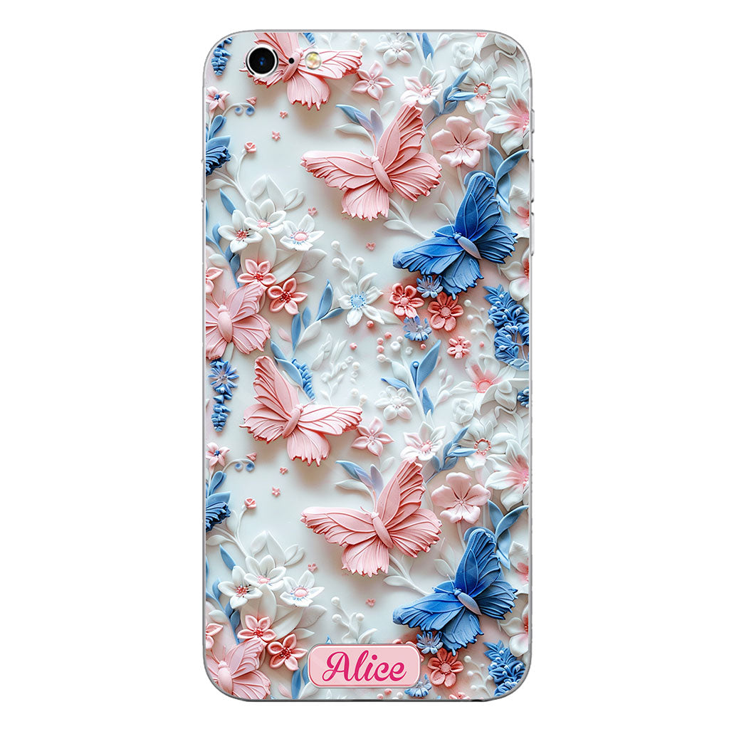 Rosa und blaue Schmetterlinge – Personalisierte transparente Schmetterlings-Handyhülle