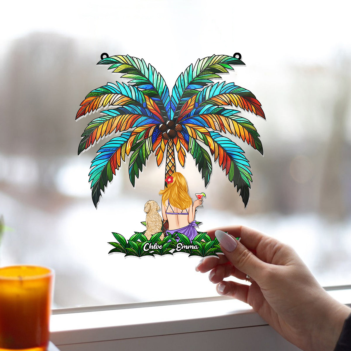 You & Me Under The Palm Tree - Personalized Dog Window Hanging Suncatcher Ornament