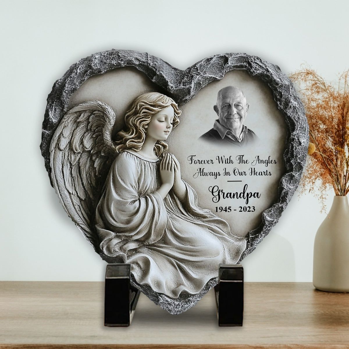 Forever With The Angles, Always In Our Hearts - Personalized Memorial Heart Shaped Stone